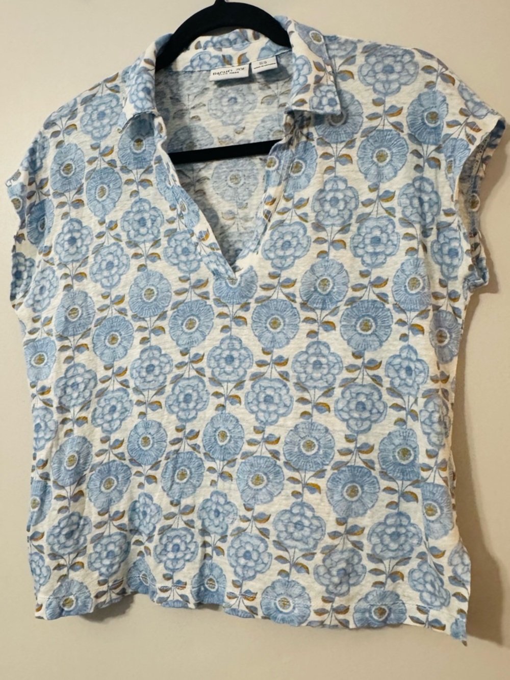 Linen Blue Floral Collared Top Size Medium - Rachel Zoe